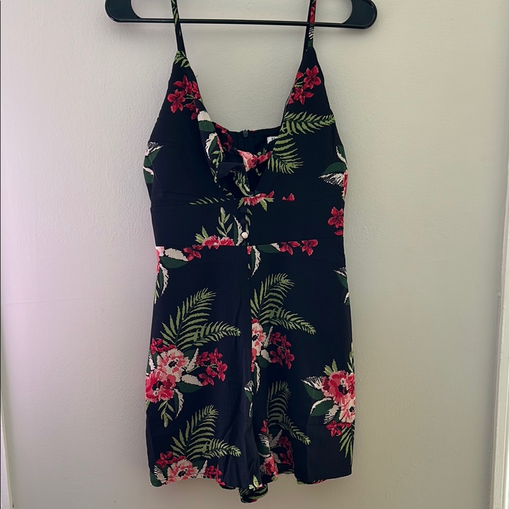 Women’s 10 Black Tank Top Romper with Floral Print and Tie Detail